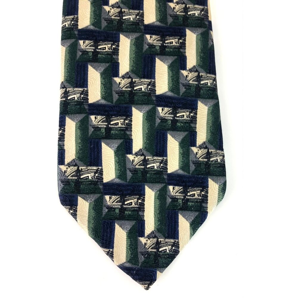 Structure 100% Silk Mens Tie Necktie Blue Green Tan Vintage